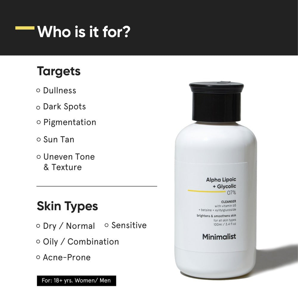 Minimalist 7% ALA &amp; AHA Brightening Face Wash with Vitamin B5, Glycolic Acid &amp; Alpha Lipoic Acid 100ml
